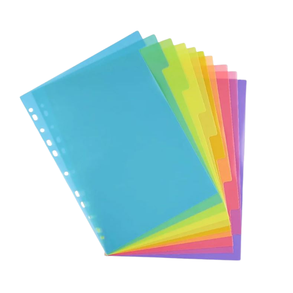 A4 10 Plain Tab Dividers Bright Colours - Polypropylene 