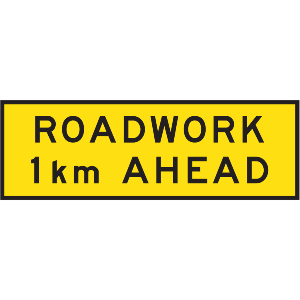 Boxed Edge Sign Metal Class 1W Reflective 2400 x 900mm - Roadwork 1km Ahead